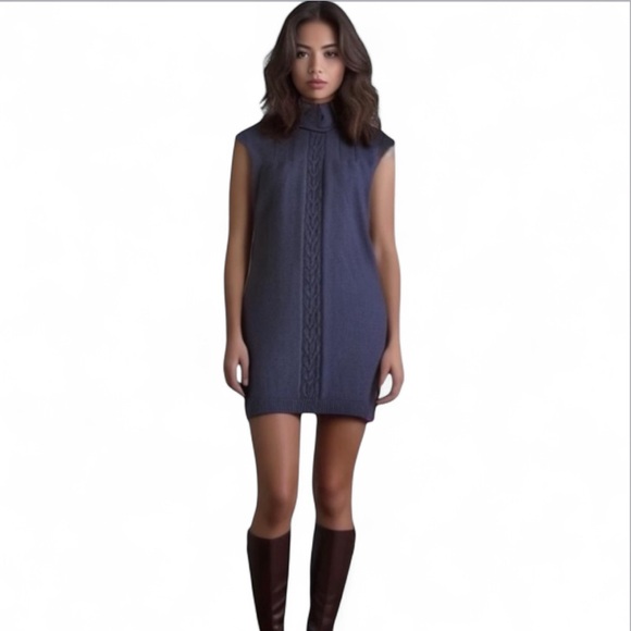 LOFT Cable Knit Sweater Mini Dress Short Sleeve Turtleneck Purple Size Medium - Picture 1 of 8